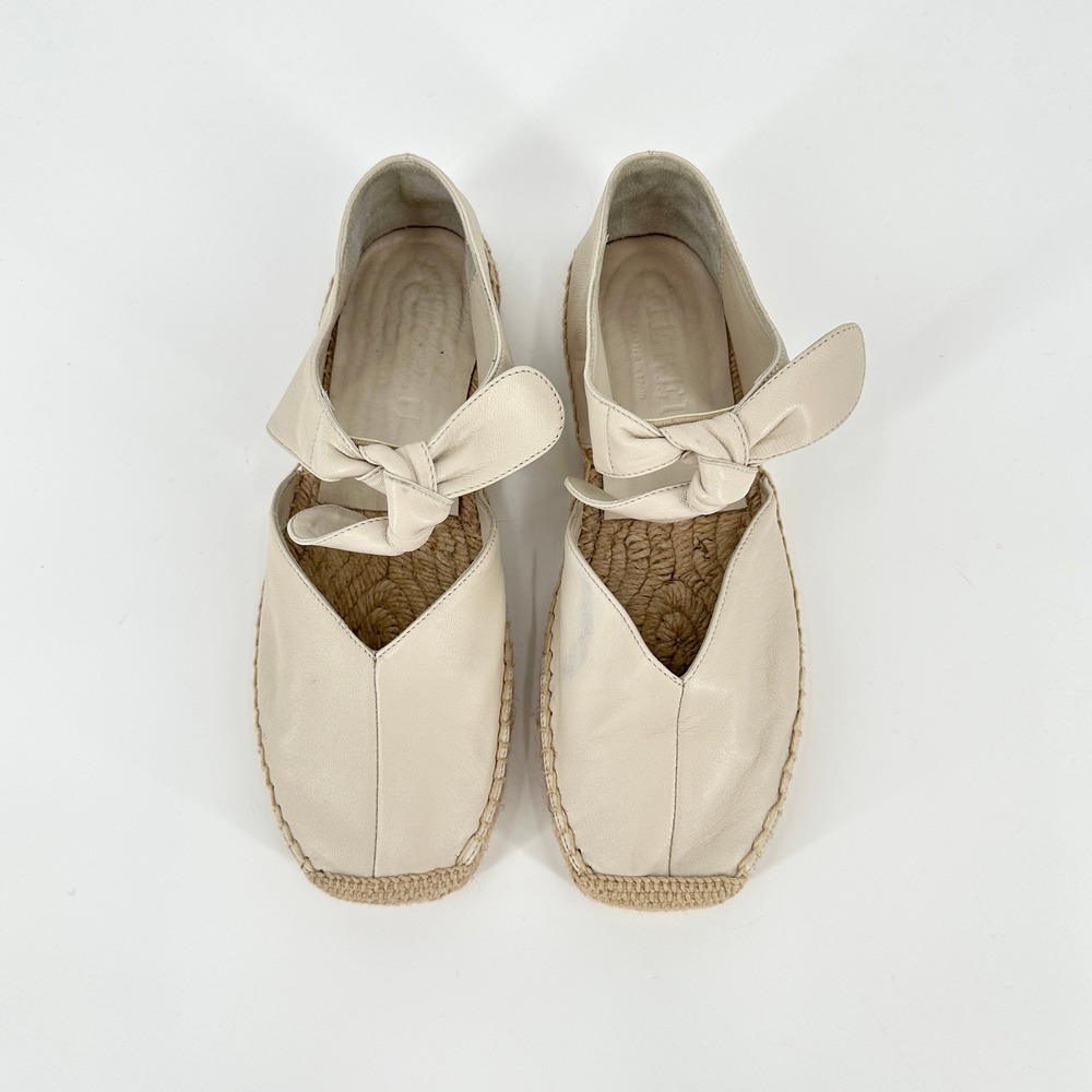 Hereu Leather Knot Espadrilles Cream Square Toe Flats Women's 38 Spanish Sandal